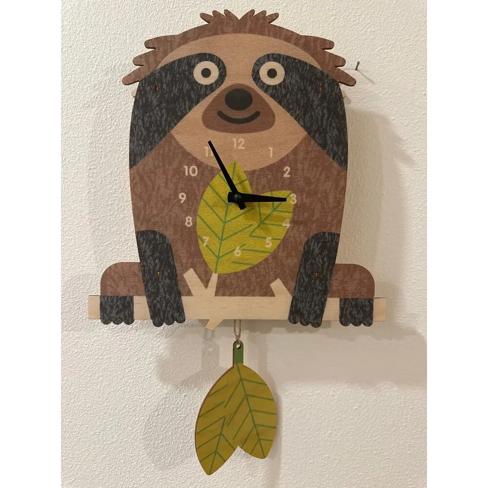 Sloth 3D Wall Clock by Modern Moose with a Leaf Pendulum Baltic Birch Wood